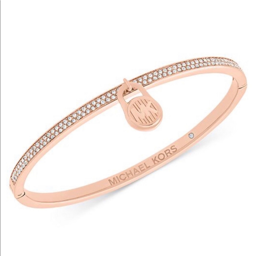 Michael Kors Rose Gold Pavé Logo Lock Bangle Bracelet